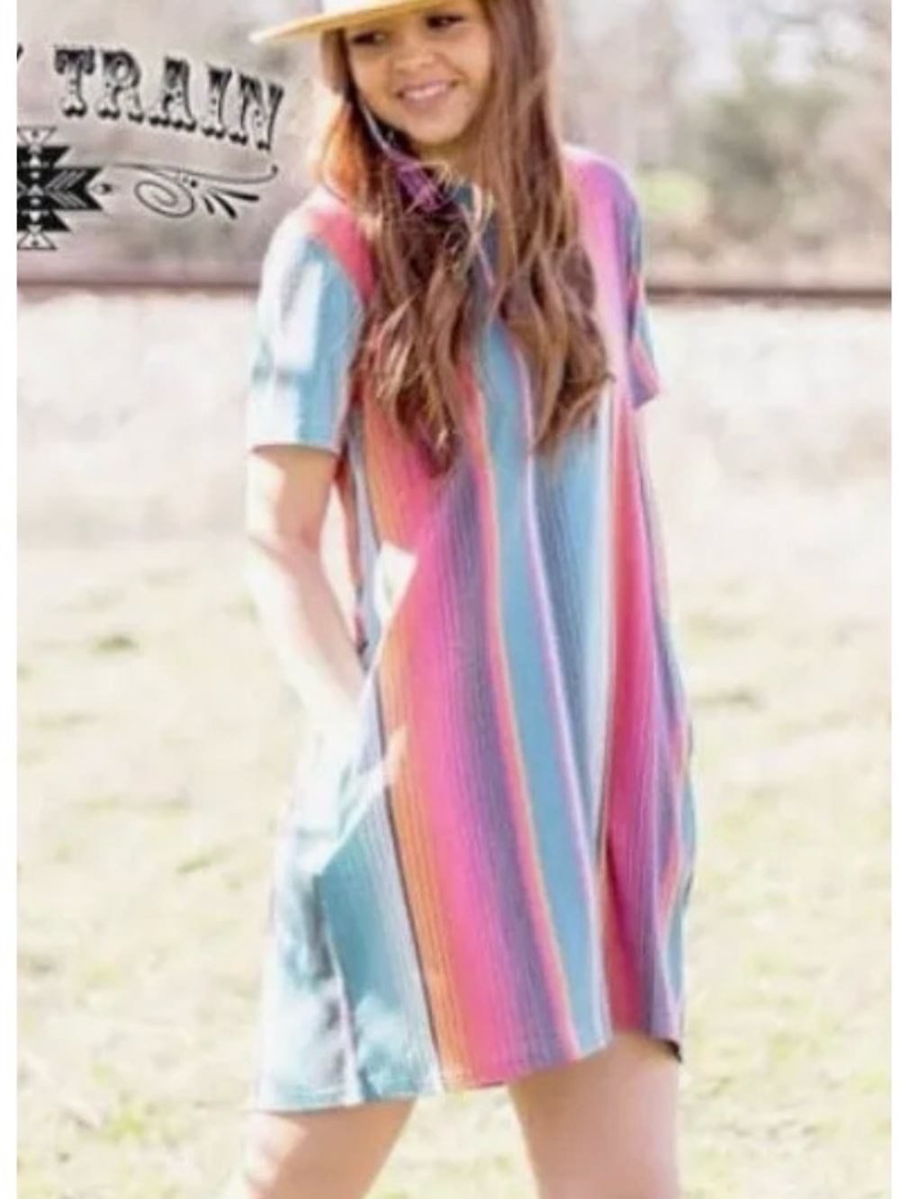 Crazy Train Teal, Pink & Orange Striped Short Sleeve Dress